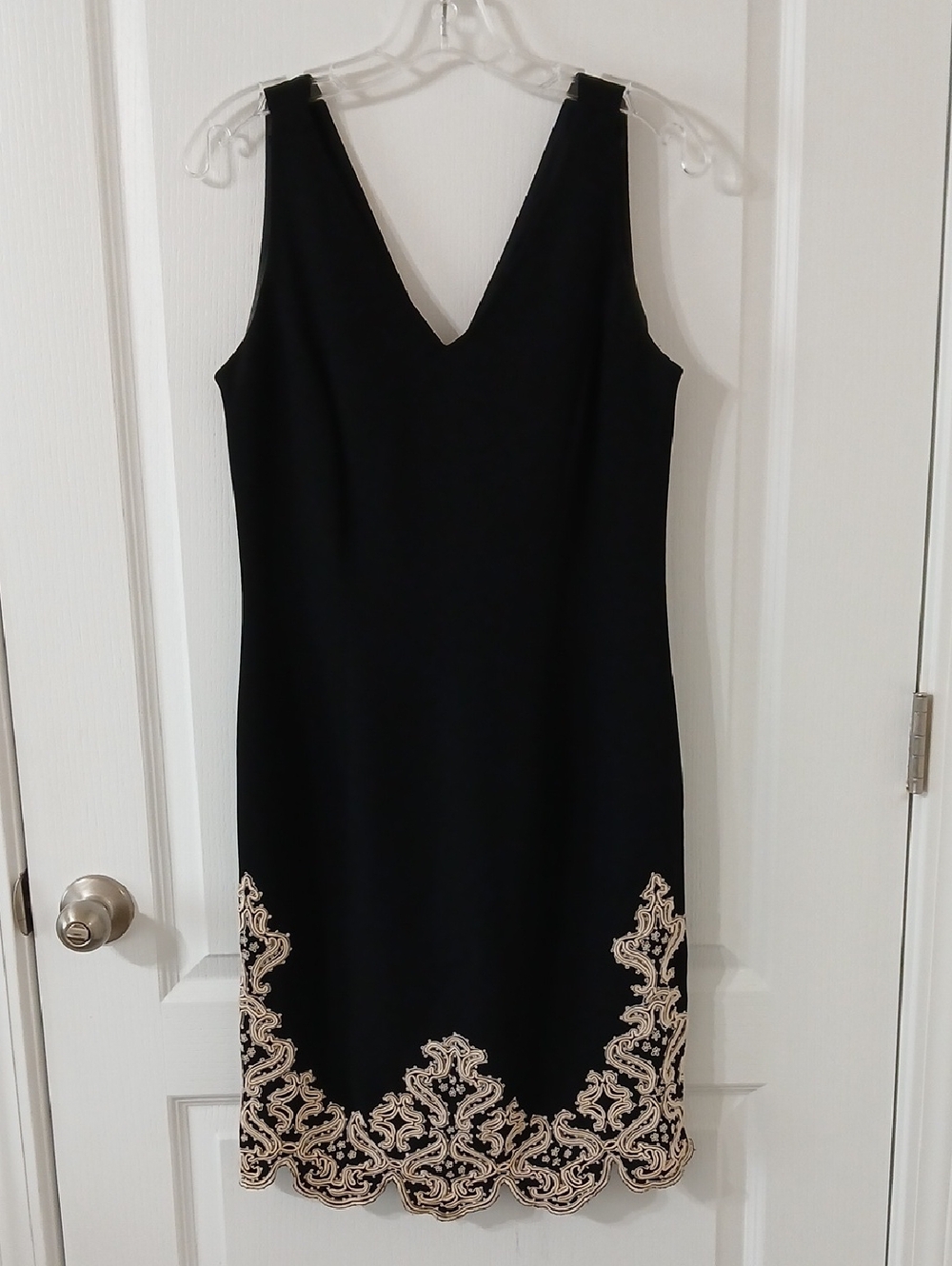 Maggy London Black Midi Dress with Gold Embroidered Hem